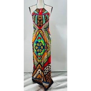 Maude Boho Multicolor Halter Neck Tie Low Back Maxi Dress